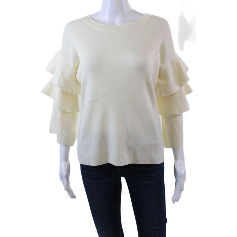 Aqua Womens Tiered 3/4 Sleeve Scoop Neck Boxy Knit Top White Size Medium